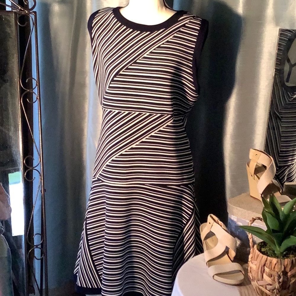 AGB Navy and White Diagonal striped dress. Size 14. Fit and flare.
